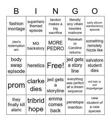 Legacies S4 Bingo Card