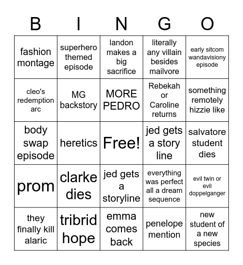 Legacies S4 Bingo Card