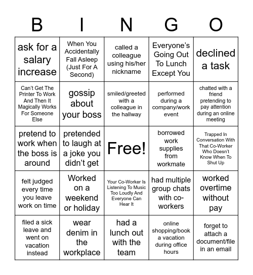 OFFICE/WORKPLACE BINGO Card