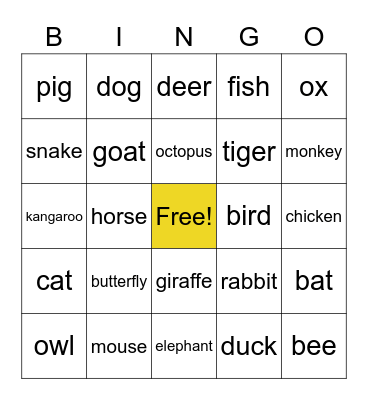 Animals Bingo Card