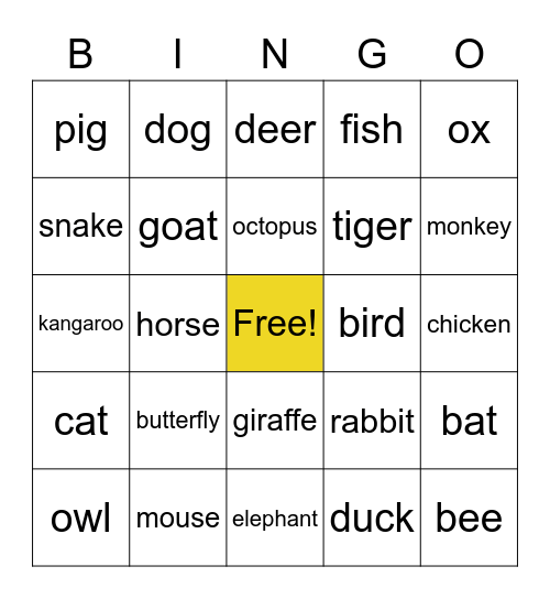 Animals Bingo Card