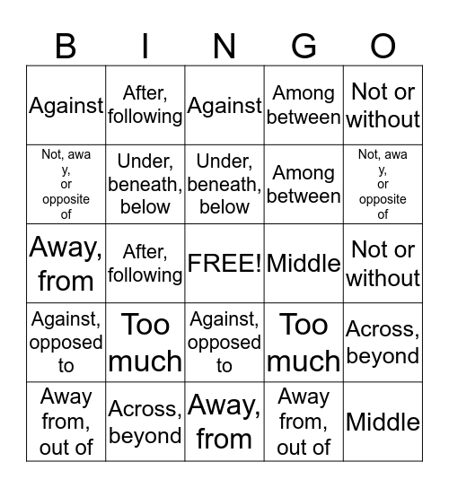 Prefix Bingo Card