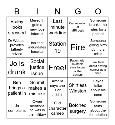 Greys Anatomy Generic Bingo Card
