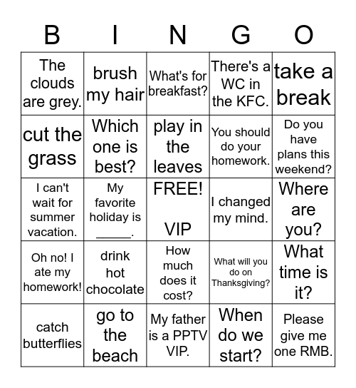 KFC VIP BINGO Card