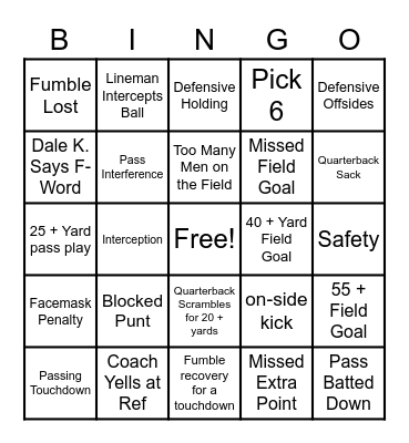 DEERWOOD LEGION FOOTBALL BINGO Card