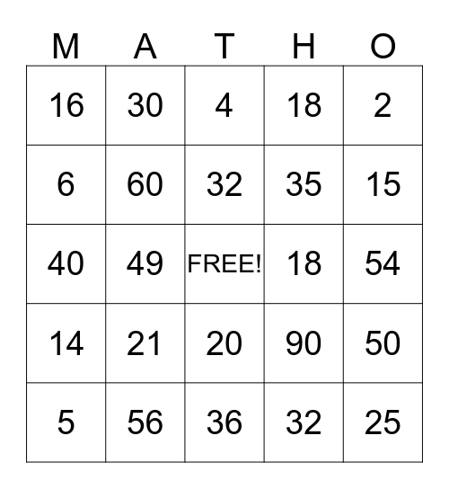 Multiplication MATH-O Bingo Card