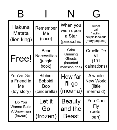 Disney Songs Bingo Card