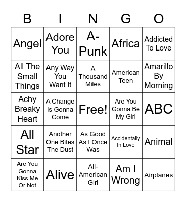 Songs That Start With The Letter A Bingo Card