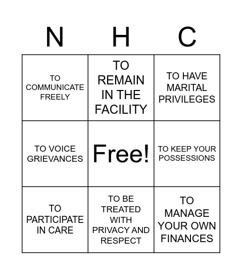 RESIDNETS HAVE THE RIGHT Bingo Card