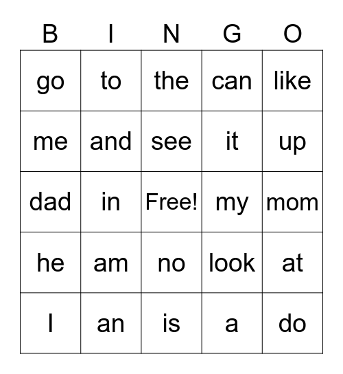 High Frequency Word Bingo Card