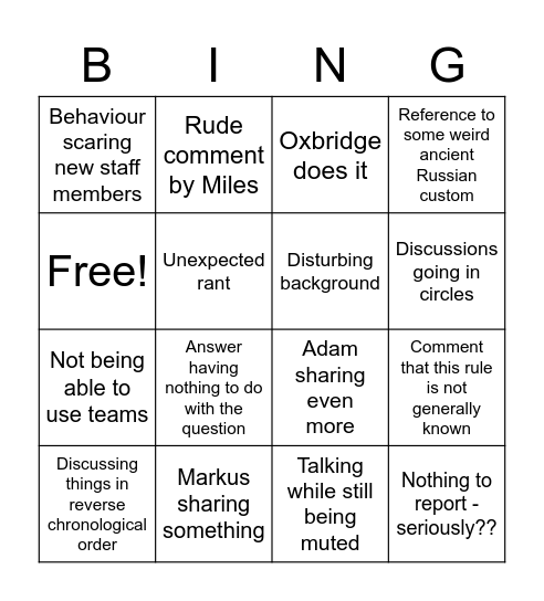 Departmental Bingo Card