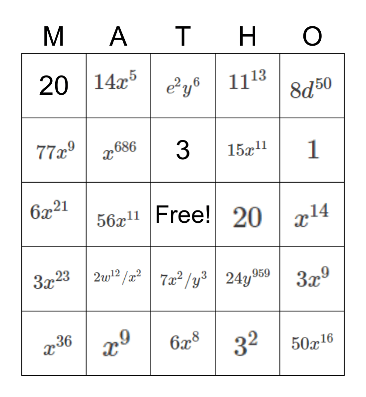 EXPONENTS Bingo Card