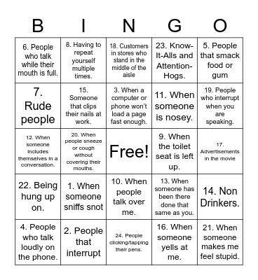 Pet Peeve Bingo Card