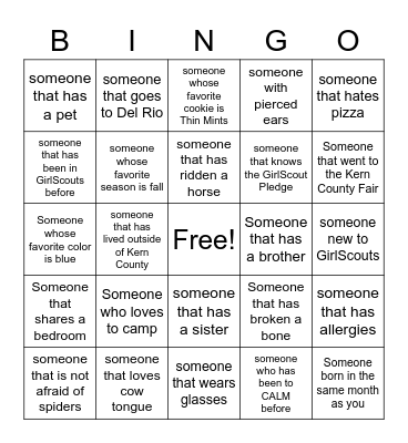 Girl Scouts Bingo Card