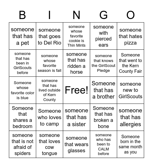 Girl Scouts Bingo Card