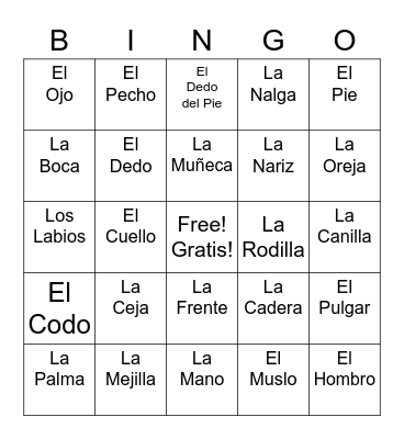 Body Parts Bingo En Español Bingo Card