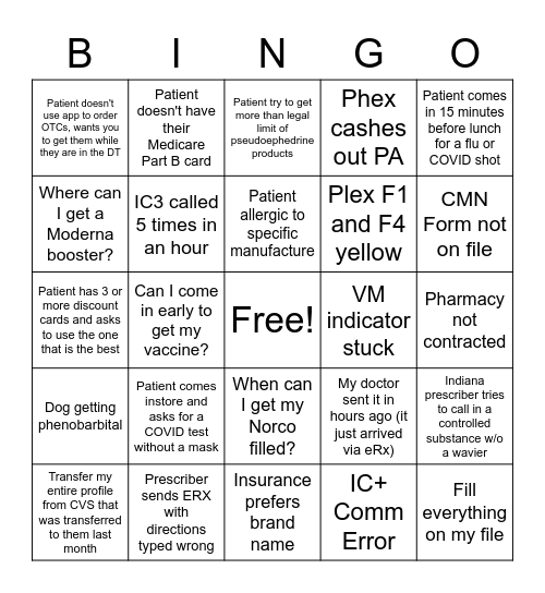 Pharmacy BINGO Card