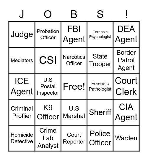 Criminal Justice Occupations Bingo Card