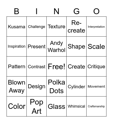 Blown Away Bingo- Pop Art S1:E6 Bingo Card