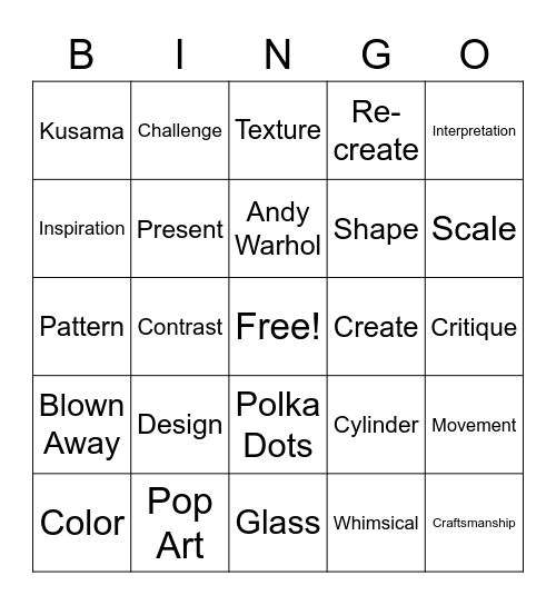 Blown Away Bingo- Pop Art S1:E6 Bingo Card