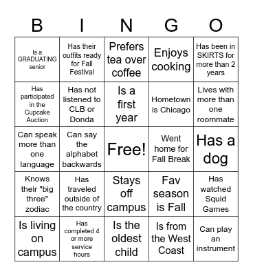 Get to Know Your Sisters Bingo Card