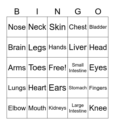 Common Body Parts/Organs Bingo Card