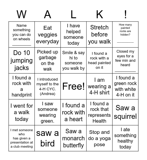 4-H Healthy Living Bingo Card