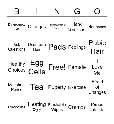 Girls Puberty Bingo Card
