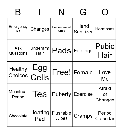 Girls Puberty Bingo Card