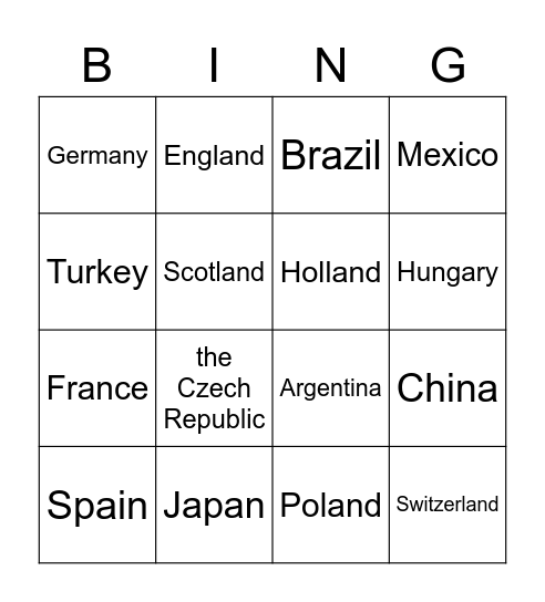 Countries and nationalities Bingo Card