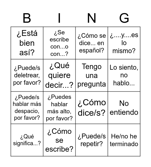 EXPRESIONES PARA REGULAR LA COMUNICACIÓN Bingo Card