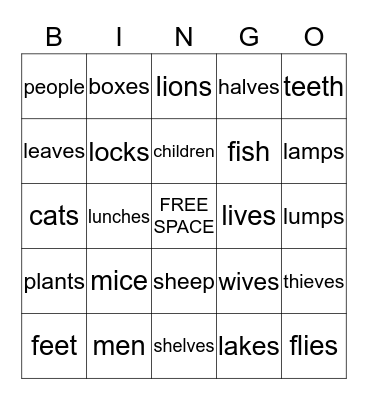 Plural Noun Bingo Card