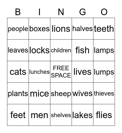 Plural Noun Bingo Card