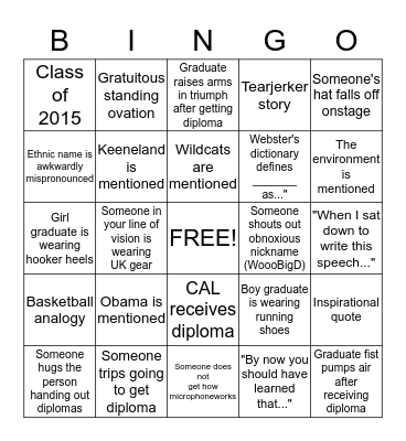Cal's UK Graduation BINGO Card