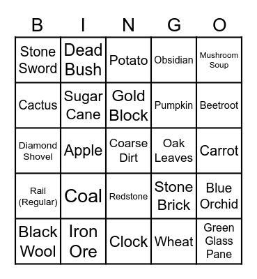 Minecraft Item Hunt Bingo Card