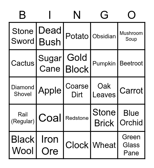 Minecraft Item Hunt Bingo Card