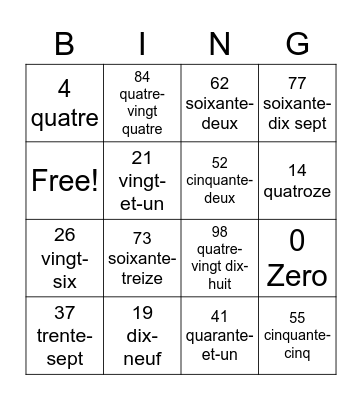 French Numbers 0-100 Bingo Card