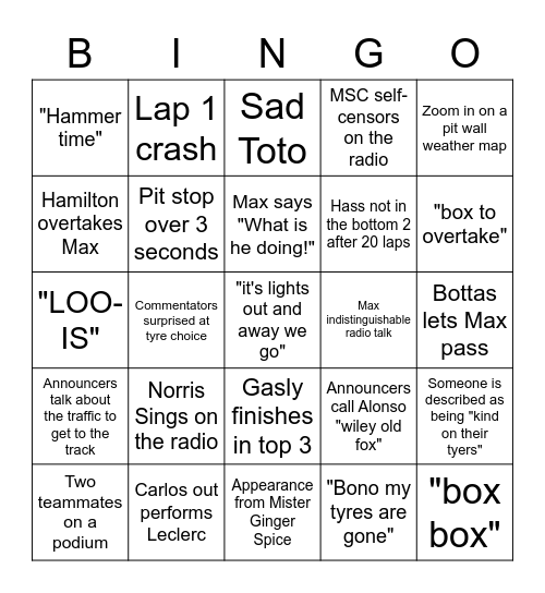 Turkish Grand Prix 2021 Bingo Card