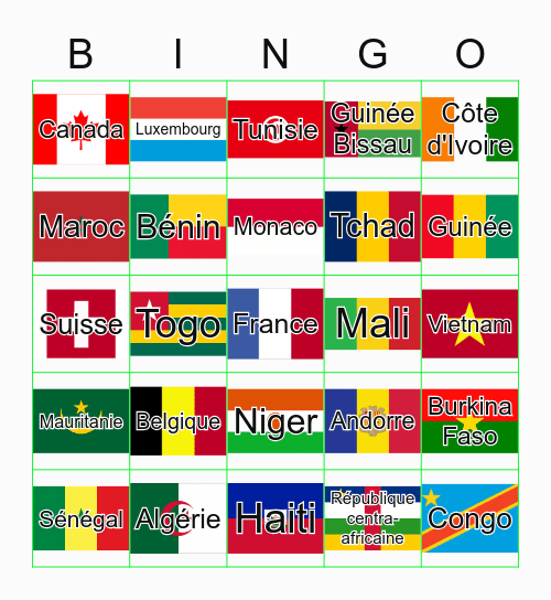 Les pays francophones Bingo Card
