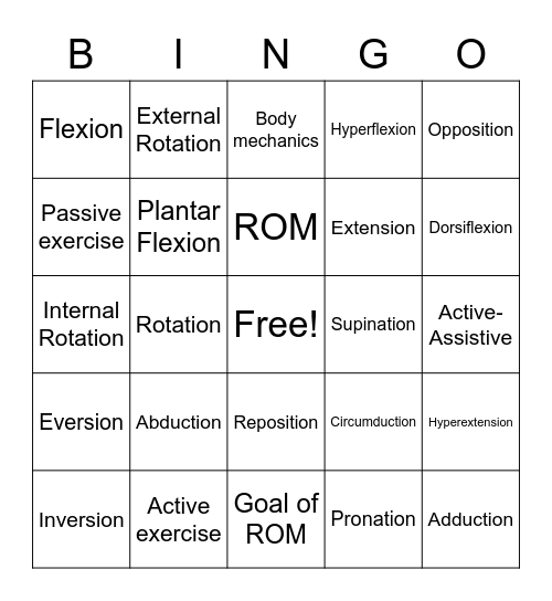 Range of Motion Bingo Card