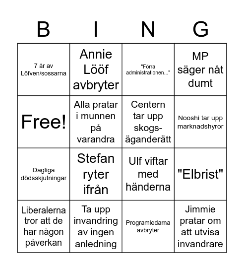 Partiledardebatt BINGO Card