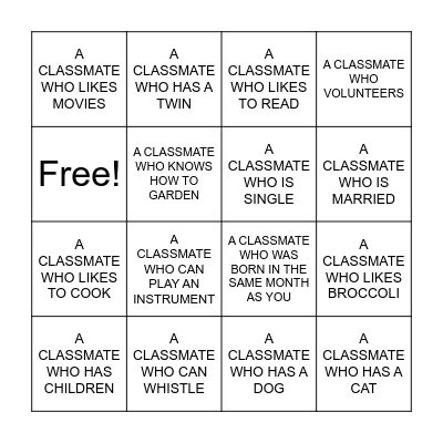 Get to Know Your Classmates Bingo Card