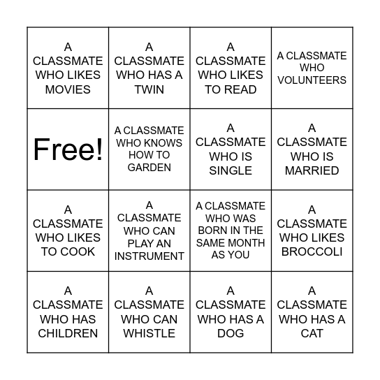 Get to Know Your Classmates Bingo Card