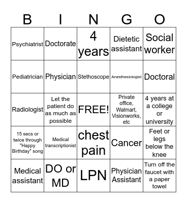 Medical Careers Bingo Card