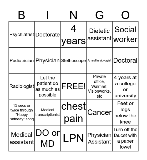 Medical Careers Bingo Card