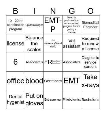 Medical Careers Bingo Card