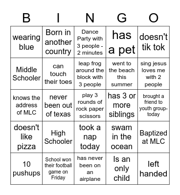 Messiah Youth Ministry Bingo Card