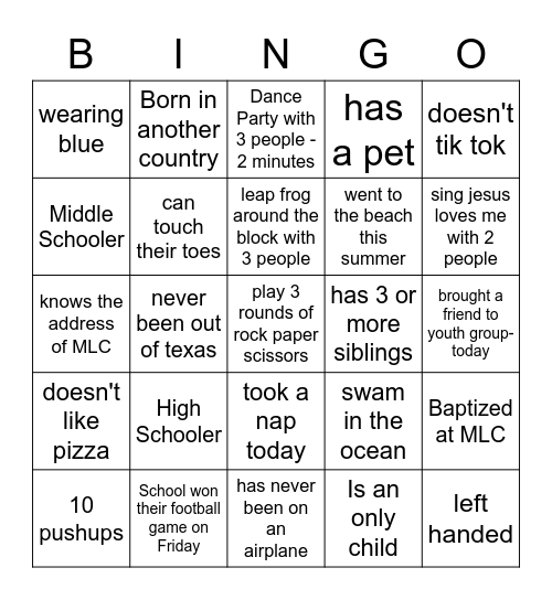 Messiah Youth Ministry Bingo Card