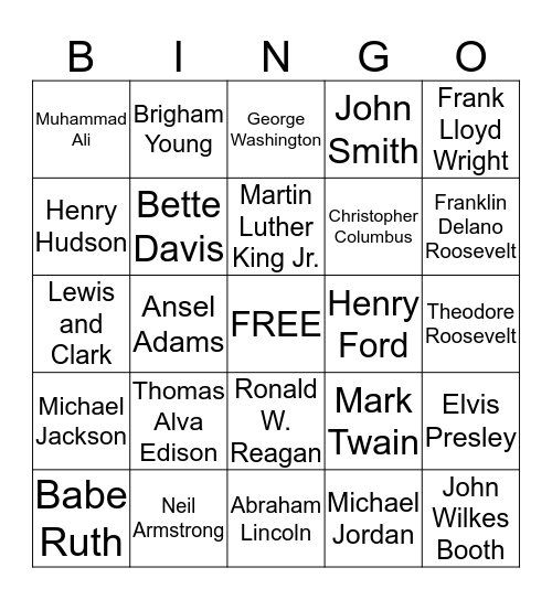 TOS Team BINGO - Famous Americans Bingo Card