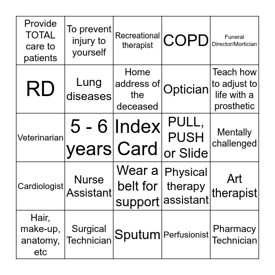 Medical Careers Bingo Card